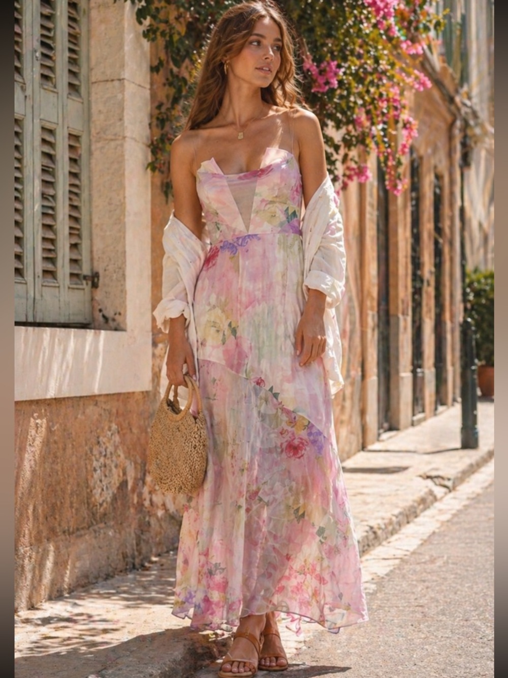For Love & Lemons Pink Floral Chiffon Maxi Dress Small NWT Romantic - Picture 2 of 16